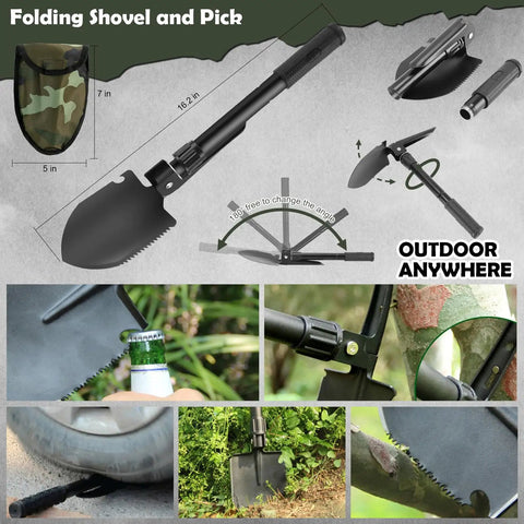 Folding shovel and pick with camo pouch, 7x5 inch, multipurpose tool for outdoor use, shown with various applications.