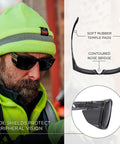 Skullerz Sixten Safety Glasses With Side Shields Anti Fog Anti Scratch ANSI Z87.1 Impact Resistant Full Frame Protection for clear peripheral vision shown with soft rubber temple pads and contoured nose bridge, worn by a worker.