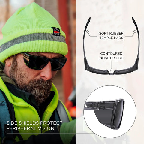 Skullerz Sixten Safety Glasses With Side Shields Anti Fog Anti Scratch ANSI Z87.1 Impact Resistant Full Frame Protection for clear peripheral vision shown with soft rubber temple pads and contoured nose bridge, worn by a worker.