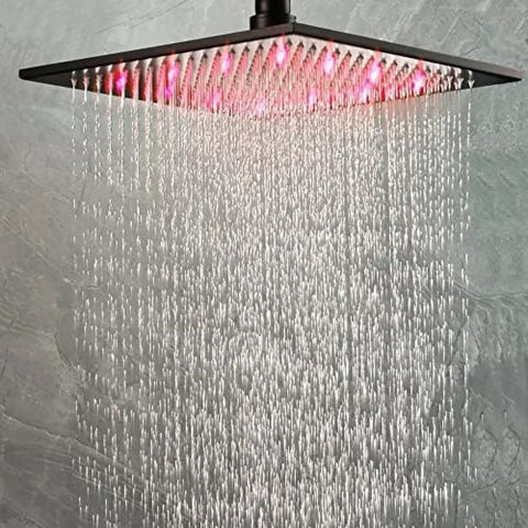 No Sweat Thermostatic Shower Faucet Kit With Led Rainfall Head And Handheld Body Massager For A Top Shelf Bathroom Fixture with LED lights.