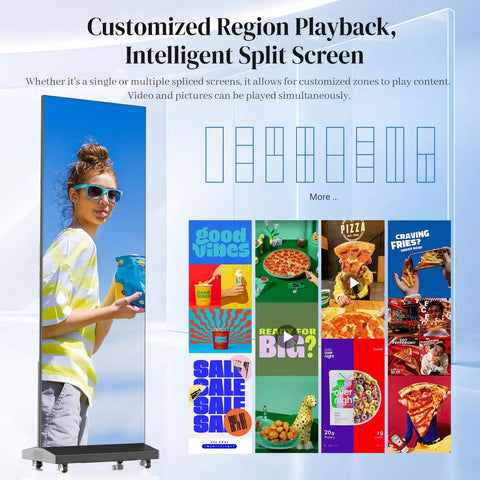Slick Big 80 Inch P1.86 Flexible Led Screen Digital Signage Display showcasing split screen with colorful food ads.