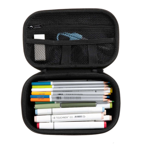 Dope Black Carbon Pencil Case With Hella Spacious Tech Stash And Badass Anti Scratch Shell designed for school gear holding colorful pens.
