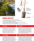 Diagram of a garden shovel with labeled parts, including ash handle and double spring blade, ideal for soil aeration.