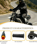 Rider on a mountain road with 20X Full Twist Throttle Grip for ebikes and electric scooters, 3-pin waterproof connector close-up.