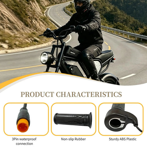 Rider on a mountain road with 20X Full Twist Throttle Grip for ebikes and electric scooters, 3-pin waterproof connector close-up.