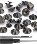 Dope Gun Metal Bullet Spike Studs And Rivets 100 Pack Screw Back Hardware For Streetwear Boots Leather Mods Jackets Bags With Tool Kits 3/16 Inch Height stacked with screwdriver and tools.