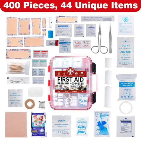 Front view of TLIEAO 400-piece first aid kit in a pink translucent case with organized supplies.