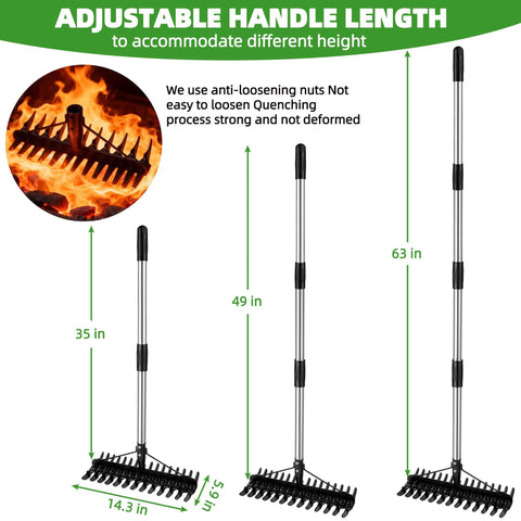 Heavy Duty Dethatching Rake With Stainless Steel Adjustable Handle 36 To 63 Inches showing adjustable lengths and dual tines