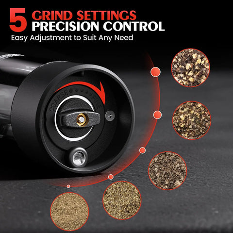 Electric Salt And Pepper Grinder Set Battery Powered With Led Light Adjustable Coarseness And Large Capacity One Hand Operation Kitchen Gadget For Home Cooking And Guests Game Changer Gift For Men And Women showing grind settings