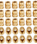 One Fourth Threaded Brass Knurled Heat Set Inserts Kit, 30 Pack, great for 3D printing and plastic parts, visible in rows