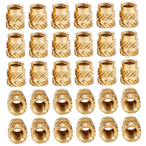 One Fourth Threaded Brass Knurled Heat Set Inserts Kit, 30 Pack, great for 3D printing and plastic parts, visible in rows