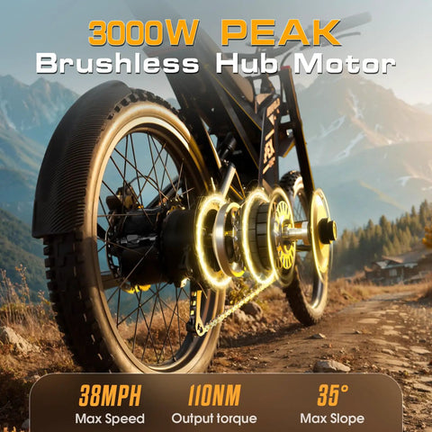 Close-up of 3000W peak motor on All-Terrain Electric Dirt Bike For Adults With 1536Wh Battery And 32Ah, white, mountain background
