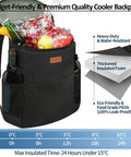 Soft Backpack Cooler For 30 Cans, Insulated Leakproof Travel Lunch Tote, open with drinks and ice, highlighting fabric and foam.