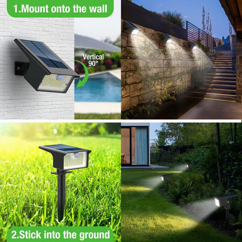 Super Duper Bright 3 Pack Solar Spot Lights Landscape Security, Smart Motion Sensor Snaps On Instantly When You Walk By, 62 Led 1000 Lumen Cool White Floods, Three Custom Modes, Total Game Changer For Any Yard Or Driveway