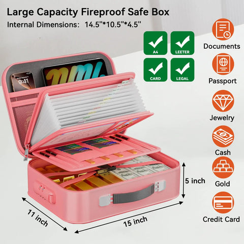 Heavy Duty Fireproof Document Safe Box With Lock Portable Hard Shell Water Resistant File Safe For Important Docs Passports Laptops And More In Pink Today, open view with compartments and lock, dimensions 15x11x5 in.