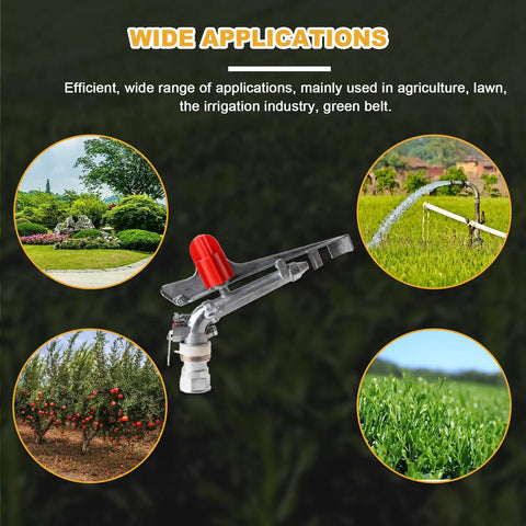 1.5 Inch Agriculture Irrigation Sprinkler With 360 Degree Rotary Action Heavy Duty Zinc Alloy Farm Water Distributor Roll Out Broad Coverage in a garden setting.