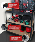 31.5 Inch Heavy Duty Workbench With Pegboard And Double Storage For Garage Workshop Multipurpose Tool Organizer Sturdy Steel Frame And Particle Board Surface For Durable Easy Access Tool Station showing tools and organized storage.