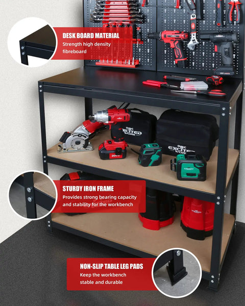31.5 Inch Heavy Duty Workbench With Pegboard And Double Storage For Garage Workshop Multipurpose Tool Organizer Sturdy Steel Frame And Particle Board Surface For Durable Easy Access Tool Station showing tools and organized storage.