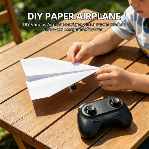 Person assembling Totally Fun DIY Electric Remote Control Paper Airplane Kit With Gyro Stabilizer And Dual Propellers.