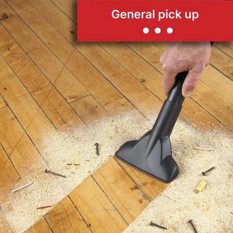 Vacuum nozzle cleaning dusty wooden floor, showing Disposable Filter Bags For Dry Pick Up Only Fits 10 To 14 Gallon Vacuums Three Pack
