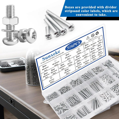 516 Piece Nuts Bolts and Washers Kit with 21 Sizes M3 M4 M5 M6 Phillips, storage box with assorted silver pieces