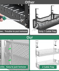 Comparison of Dual Pack Under Desk Cable Management Tray Set With Metal Clamp Mounts highlighting installation differences and tray quantity.