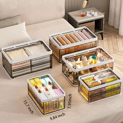 Three-Pack Stackable Clothes Organizer Bins With Sliding Rails And Removable Lids, storage for folded clothes and toys.