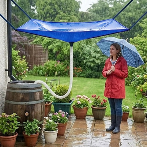 No Tools Needed Rainwater Harvesting System With Hose For Easy Install And One Person Setup on garden patio in rain, blue.