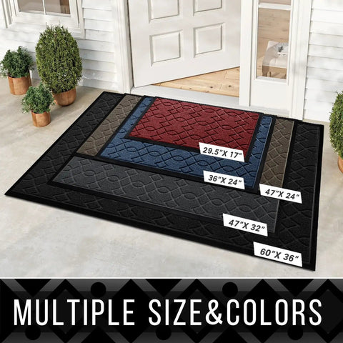 Multiple doormats in varied sizes and colors arranged outdoors, featuring all season waterproof front door doormat that captures dirt and mud like a pro heavy duty non slip outdoor entrance mat for garage patio porch entryway indoor black.