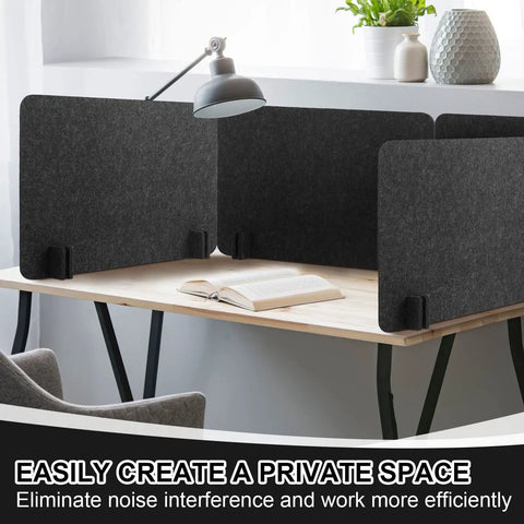 10 Pack Freestanding Desk Dividers with Sturdy Feet, 16 X 24 Inch Privacy Panels for Dorms and Home Office, Thick Felt Noise Canceling Partitions on a desk.