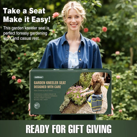 Woman holding box of Garden Kneeler And Seat 2 In 1 Heavy Duty With Handles For Seniors Padded Ergonomic Foldable Gardening Stool