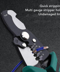 All In One Wire Stripper And Crimping Pliers 8 Inch High Carbon Steel Tool For Electricians And Home Wiring Strips Cuts And Crimps Pro Grade Durable Cable Repair, wire stripper close-up with gauge holes
