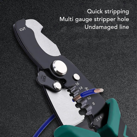 All In One Wire Stripper And Crimping Pliers 8 Inch High Carbon Steel Tool For Electricians And Home Wiring Strips Cuts And Crimps Pro Grade Durable Cable Repair, wire stripper close-up with gauge holes
