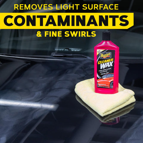 One Step Cleaner Wax Liquid Car Wax That Cleans Polishes And Protects Exterior Paint And Clear Coat On Cars Trucks And SUVs with bottle on car hood