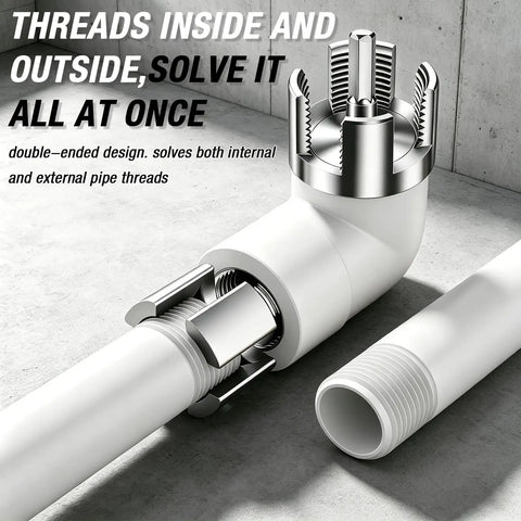 All in One Pipe Threader Kit for One Half, Three Quarters, and One Inch Pipes Internal and External Threading Tool in use