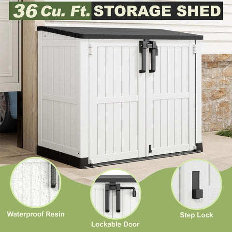 Spacious 36 Cu Ft Plastic Outdoor Storage Shed With Wood Grain Finish Waterproof Backyard Cabinet Dual Lock Doors For Tools