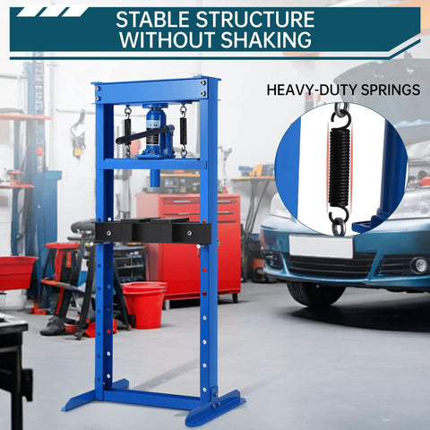 12 Ton Hydraulic H Frame Shop Press With Dual Press Plates, Heavy Duty Garage Floor Press For U Joints, Adjustable Work Table Height, Blue