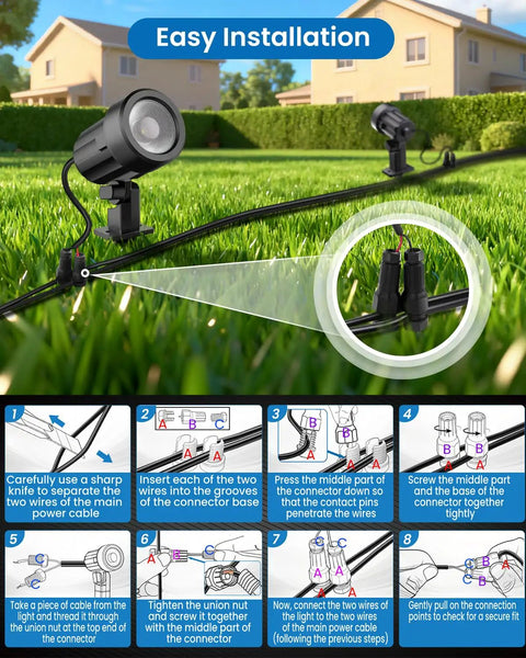 Instructions for installing Low Voltage Landscape Lighting Kit With 12 Led Spotlights, 100 Ft Wire, Transformer And 24 Connectors, 2700K Warm Waterproof Garden Lights.