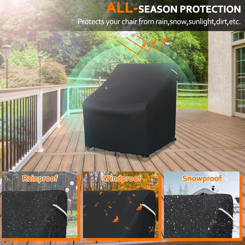 Waterproof Patio Chair Cover for Outdoor Furniture Keeps Your Lounge Chairs, Wicker, Swivel, Adirondack and Rocking Chairs Dry All Season, Heavy Duty Oxford, Fits Up To 32W x 37D x 36H, 1 Pack, Black on a patio showcasing protection against rain, wind, and snow.