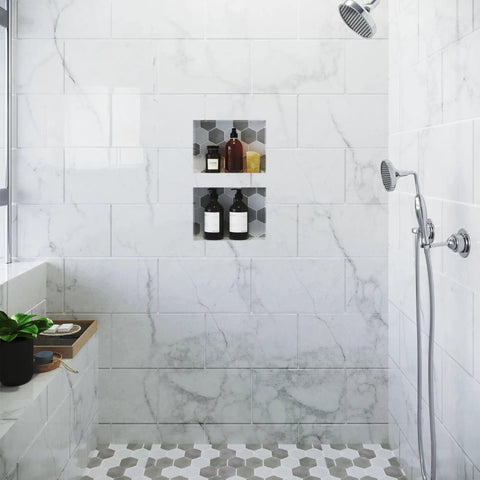 Bathroom with Tile Ready Shower Niche Insert For Recessed Bathroom Storage Built In Wall Cubby with toiletries, white tiles