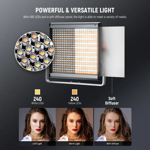 Dimmable Bi Color LED Video Light Kit With 480 LEDs Per Light 3200K To 5600K CRI 96 Plus U Bracket And 75 Inch Tripod Stand For YouTube Vlogs Studio Photography And Live Streaming showing LED arrangement and light effects