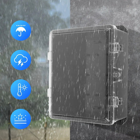 Outdoor Waterproof Junction Box Enclosure for Electrical Components and Outdoor Equipment, UV Resistant Weatherproof Plastic Housing for Gardens, Patios, and Industrial Sites, Heavy Duty Rugged Box With Easy Access, clear plastic, rainproof