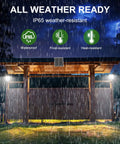 Solar Outdoor Flood Lights Waterproof Security Lighting 1500LM illuminating a yard during rain, showcasing all-weather resilience.