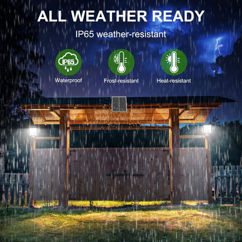 Solar Outdoor Flood Lights Waterproof Security Lighting 1500LM illuminating a yard during rain, showcasing all-weather resilience.
