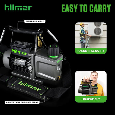 Heavy Duty 18 Volt Cordless Vacuum Pump Slick 2 CFM Workhorse For HVAC Pros, featuring firm grip handle and shoulder strap for easy carry.