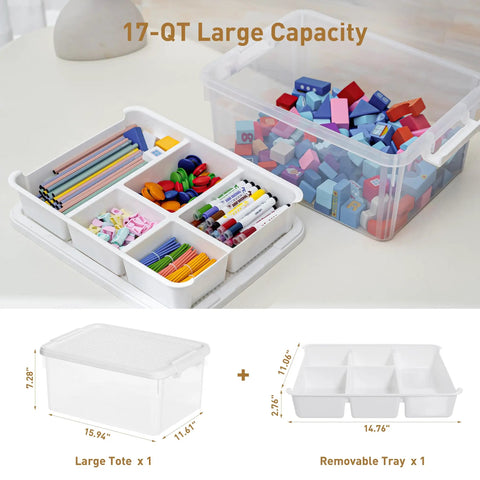 No Fuss 17 Qt Clear Plastic Storage Box With Bricks Compatible Baseplate Lid And Removable Tray For Craft Organization
