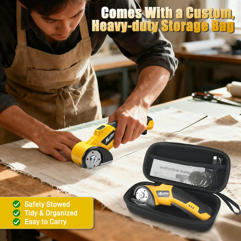 Mulctun Cordless Electric Box Cutter With 4 Tungsten Steel Blades, Led Light And Safety Lock For Cutting Cardboard, Carpet, Fabric, And Leather. Heavy Duty Portable Design With Storage Bag. Yellow Finish, shown in use on fabric.