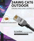 Close-up of Cat6 Ethernet Patch Cable 1ft 5 Pack 10Gbps RJ45 Pure Copper 24AWG showing gold-plated contacts with text overlay.