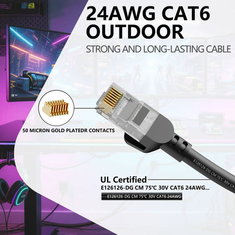 Close-up of Cat6 Ethernet Patch Cable 1ft 5 Pack 10Gbps RJ45 Pure Copper 24AWG showing gold-plated contacts with text overlay.
