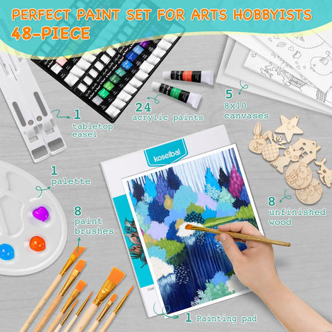 All In One Acrylic Painting Set With 24 Vibrant Paints 8 Brushes 5 Canvas Panels Wooden Stencils And Foldable Tabletop Easel Perfect For Kids Beginners Students And Artists Who Love Arts And Crafts shown with components laid out